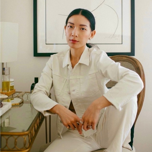 NWT‎ L'AGENCE 90s Ivory Distressed Stretch Denim Raw Hem Crop Slim Jean Jacket S